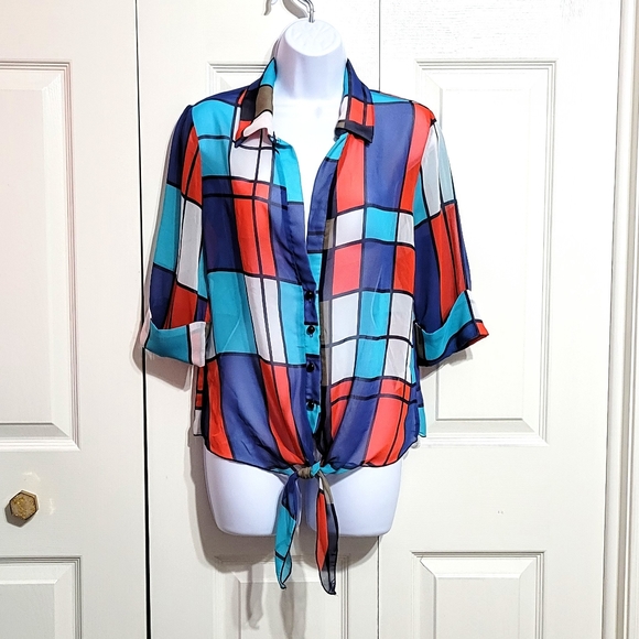 A'GACI Blue Blouse Top Shirt Sheer Colorblock Checkered Abstract White B… - Picture 1 of 5